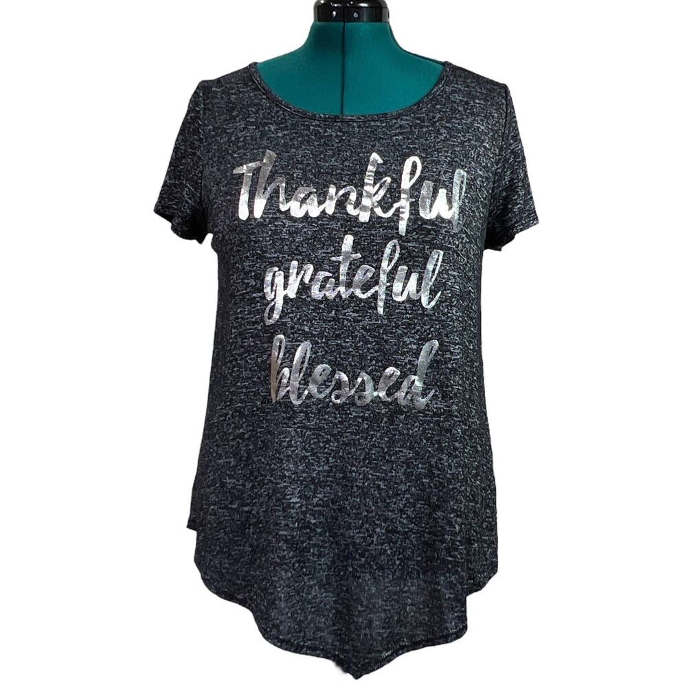 SJS Marled Black Gray Scoop T-Shirt Thankful Grateful Blessed Silver Metallic Lg
